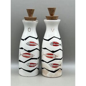 Vtg MCM Ceramic Oil Vinegar Cruet Set Fish Pattern White Red Black 6" As Is